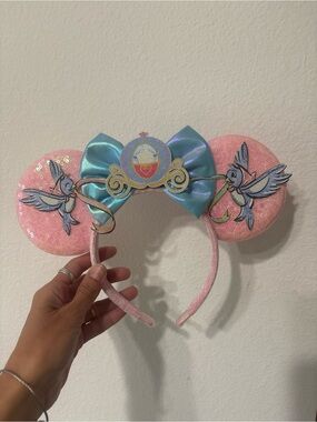 Disney Cinderella Minnie Mouse Ears Headband – Pink Sequin Birds Carriage Bow